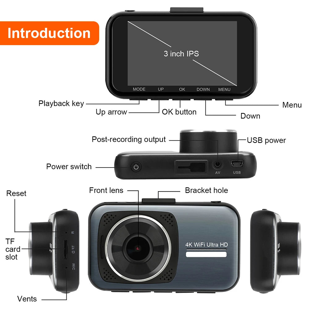 Dual Lens Dash Cam 4K HD 1080P WiFi Car DVR Front/Rear Video Recorder G-sensor Camera Night Vision Parking Monitoring Recorder