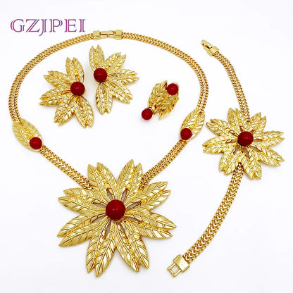 Women Jewelry Set African Nigeria Bold Jewelry 18K Gold Plated Plant Leaves Necklace Earring Bracelet Ring Imitation Pearls