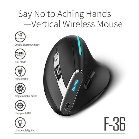 ZELOTES F-36 2.4G Wireless Mouse Bluetooth Mice 2400 DPI 8 Buttons Professional Optical Vertical Mouse Computer Gaming Mouse