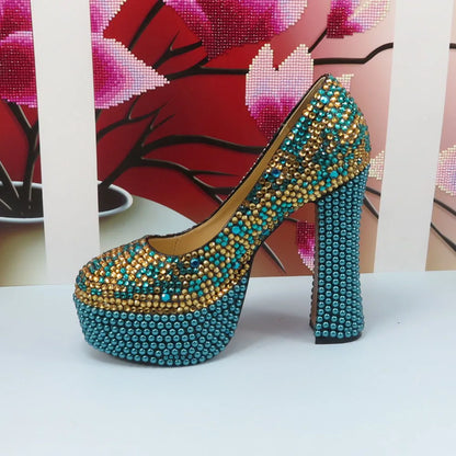 Fashion Teal Blue Mix Color Wedding Shoes and bag Set Woman 14CM High Pumps Thick Heel Party Shoes Matching Bag Round Toe Pumps