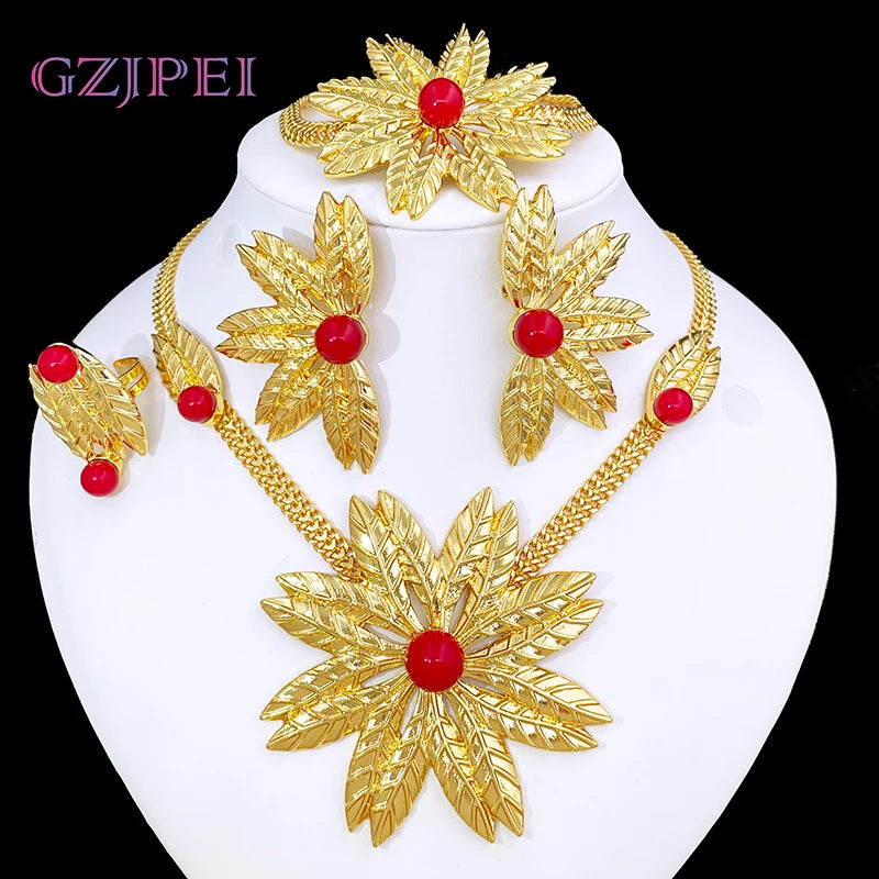 Women Jewelry Set African Nigeria Bold Jewelry 18K Gold Plated Plant Leaves Necklace Earring Bracelet Ring Imitation Pearls