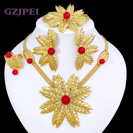 Women Jewelry Set African Nigeria Bold Jewelry 18K Gold Plated Plant Leaves Necklace Earring Bracelet Ring Imitation Pearls