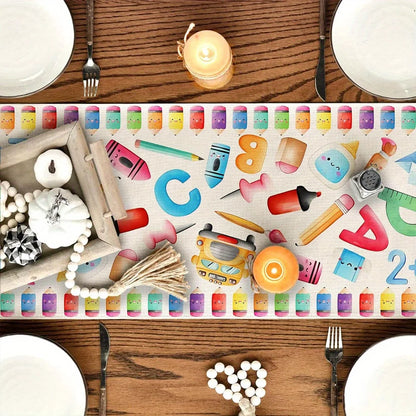 1 Piece Back-To-School Theme Table Runner with Interesting Stationery Pattern, Suitable for Classroom Decoration, School Theme Party, Back-To-School Celebration Activities