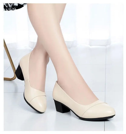 Shoes Women Mid Heel  Office Lady Pumps PU Leather Black Basic Square Heeled Spring Autumn Loafers Female Zapatos