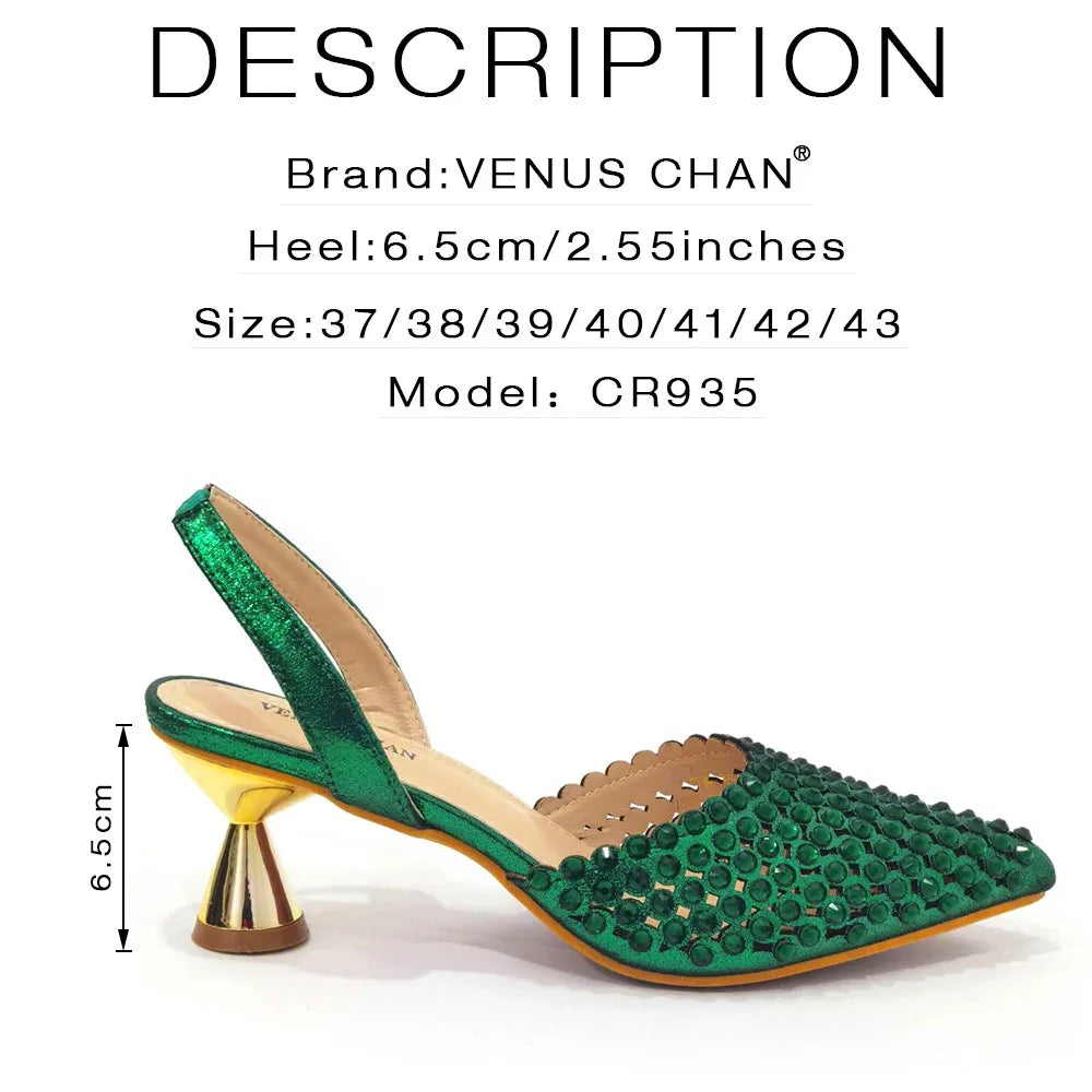 Venus Chan High Heels for Lady 2023 Luxury Designer Green Color Full Diamond Pointed Toe Wedding Shoe and Bag Set for Party