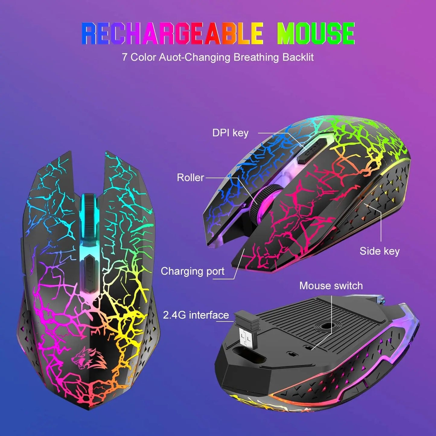 Wireless Gaming Keyboard and Mouse Combo, 12 RGB Backlit Rotary Knob, 4000mAh Battery,Mechanical Feel Keyboard and Quiet Mouse