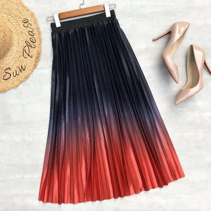 Seoulish 2024 New Elegant Gradient Stain Women's Pleated Skirts High Waist Skirts Mi-long Umbrella Skirt Spring Summer