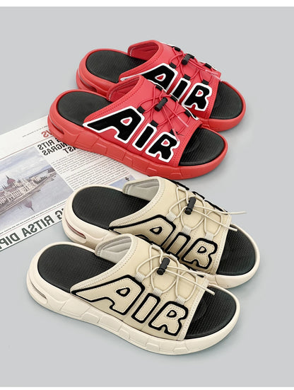 Big Fat Slippers For Men AIR Letter Design Slides Summer Thick Sole Non-slip Flannelette Synthetic Leather Sandals