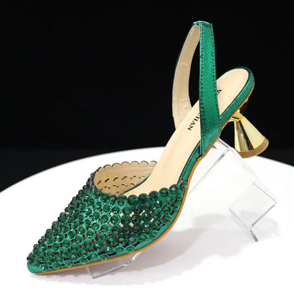 Venus Chan High Heels for Lady 2023 Luxury Designer Green Color Full Diamond Pointed Toe Wedding Shoe and Bag Set for Party