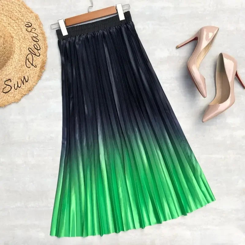 Seoulish 2024 New Elegant Gradient Stain Women's Pleated Skirts High Waist Skirts Mi-long Umbrella Skirt Spring Summer