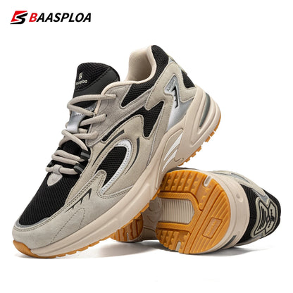 Baasploa Men's Running Shoes Leather Mesh Breathable Non-Slip Men's Outdoor Sports Lightweight Running Basketball Shoes