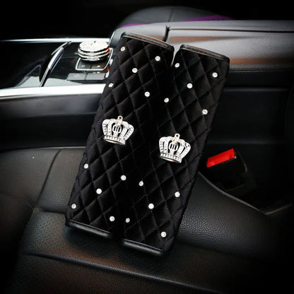 2pcs Fashion Rhinestone Leather Car Sefety Seat Belt Cover Crystal Crown Universal Shoulder Pad Car Styling Interior Accessories