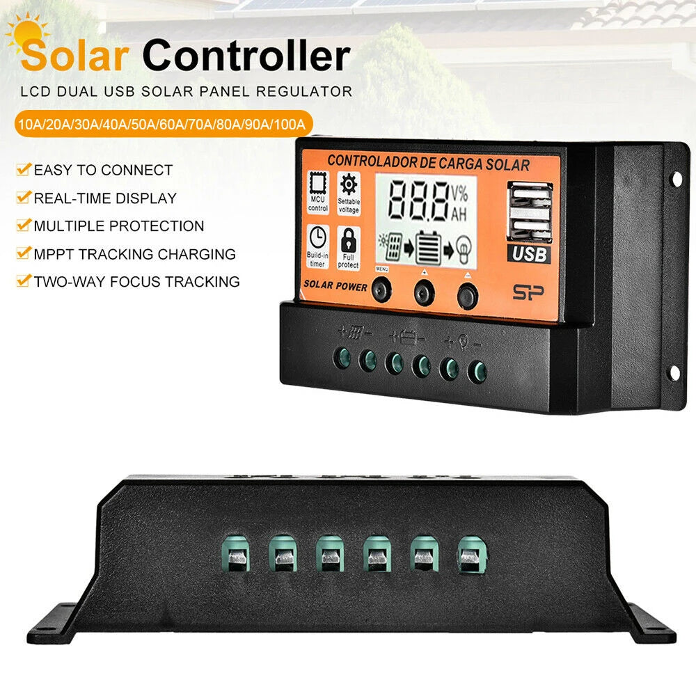 Solar Charge Controller USB Port 12V/24V MPPT/PWM 10A-100A Solar Panel Dual Electrical Equipment Auto Paremeter Adjustable Tools