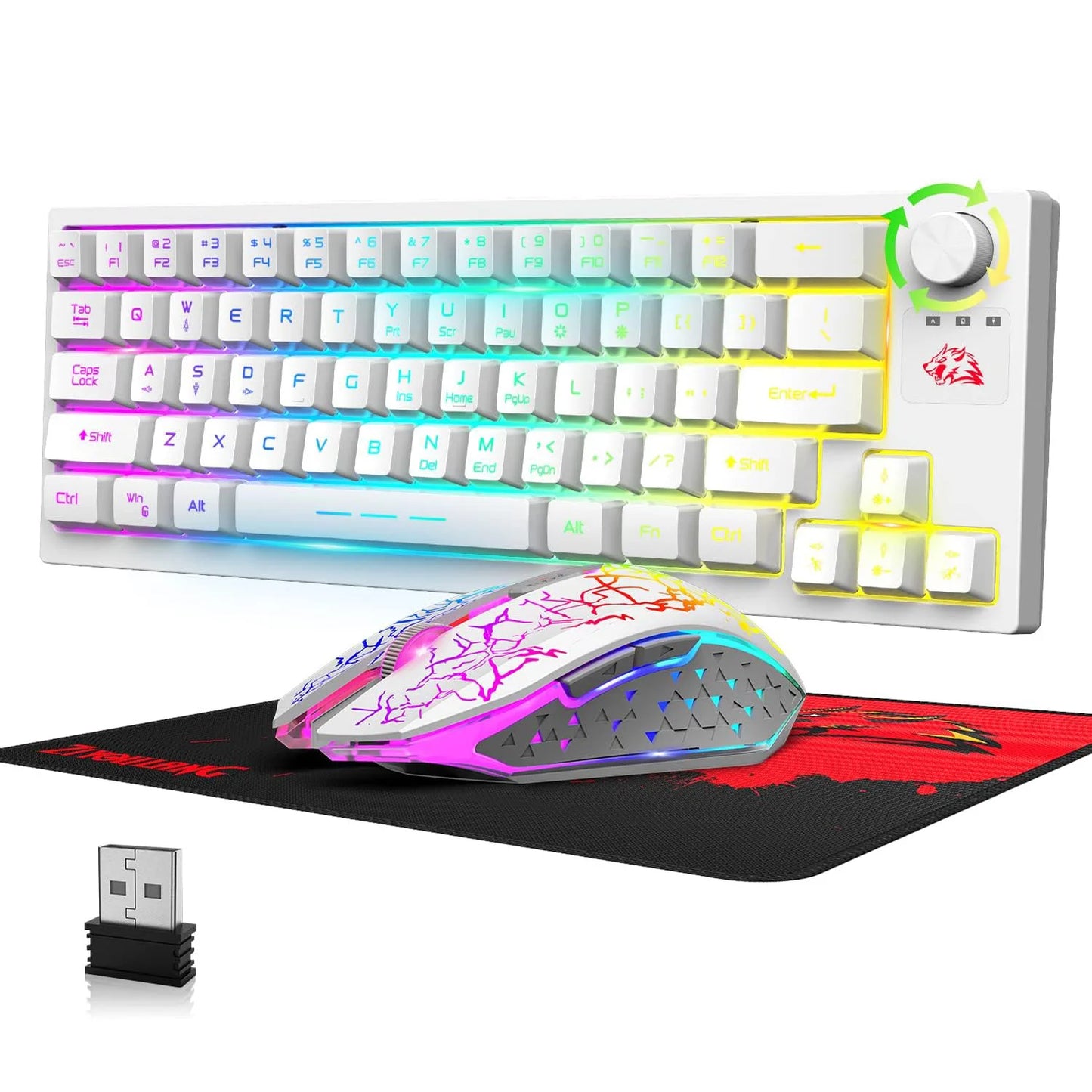 Wireless Gaming Keyboard and Mouse Combo, 12 RGB Backlit Rotary Knob, 4000mAh Battery,Mechanical Feel Keyboard and Quiet Mouse