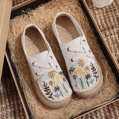 Flower Embroidered Women Handmade Linen Cotton Slip On Espadrilles Loafers Comfortable Sneakers Casual Walking Shoes 2024