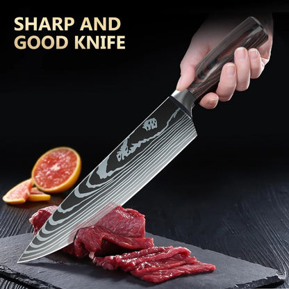 1-10PCS Chef knife Japanese Kitchen Knives Set Professional Laser Damascus Pattern Stainless Steel Meat Cleaver Slicer Knife