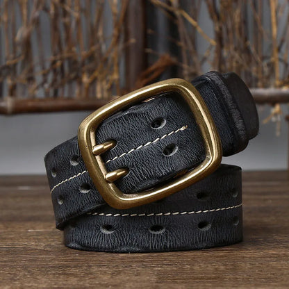 3.8cm Pure Cowskin Genuine Leather Belt Men Brass Copper Double Needle Pin Buckle Luxury Thick Retro Men's Jeans Military Belt