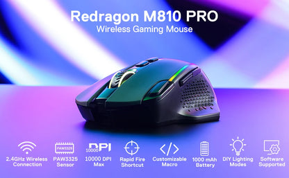 Redragon M810 Pro Wireless Gaming Mouse, 10000 DPI Wired Gamer Mouse w/ Rapid Fire Key, 8 Macro Buttons, Black/White Mouse