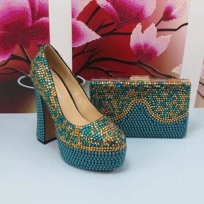 Fashion Teal Blue Mix Color Wedding Shoes and bag Set Woman 14CM High Pumps Thick Heel Party Shoes Matching Bag Round Toe Pumps