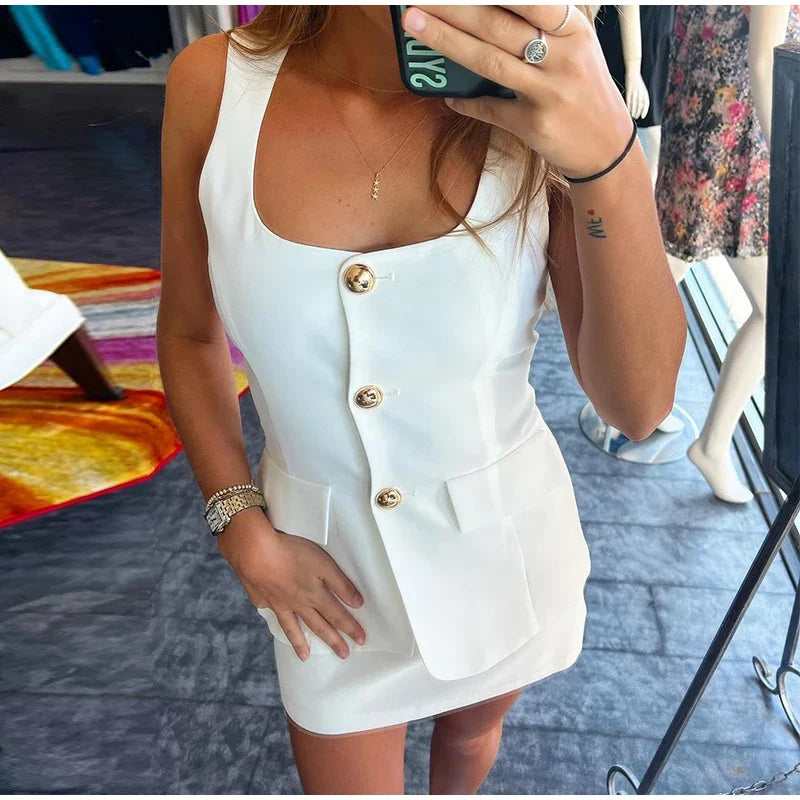 Chic Skirts Sets Women's Sleeveless Single Breasted Top High Waist Skirt Suit 2024 Spring Summer Office Ladies Commuter Outfit