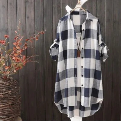 Casual Plaid Cotton Mid Length Shirt Fashion Women Loose Button 2023 Fall Blouse Long Sleeve Winter  Sunscreen Plaid Shirt
