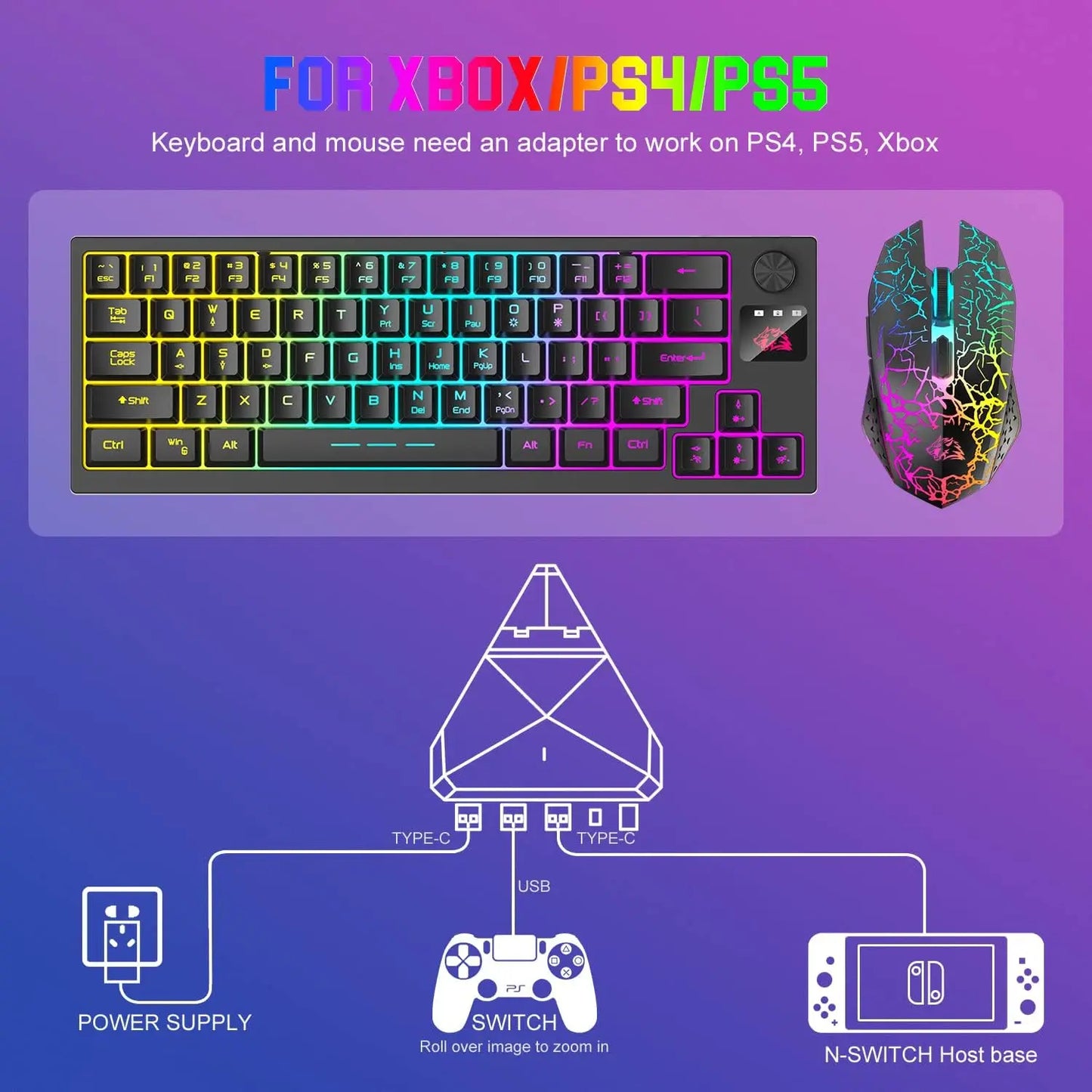 Wireless Gaming Keyboard and Mouse Combo, 12 RGB Backlit Rotary Knob, 4000mAh Battery,Mechanical Feel Keyboard and Quiet Mouse