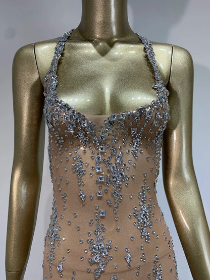 Stock Sparkly Rhinestone Evening Dress Women Celebrity Birthday Wear Sexy See Through Mesh Photo Shoot Stage performance Costume