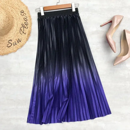 Seoulish 2024 New Elegant Gradient Stain Women's Pleated Skirts High Waist Skirts Mi-long Umbrella Skirt Spring Summer