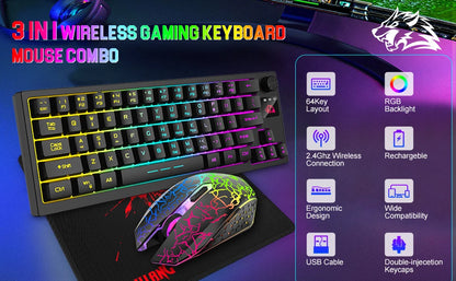 Wireless Gaming Keyboard and Mouse Combo, 12 RGB Backlit Rotary Knob, 4000mAh Battery,Mechanical Feel Keyboard and Quiet Mouse