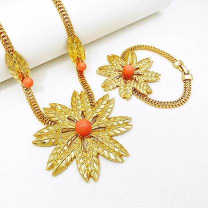 Women Jewelry Set African Nigeria Bold Jewelry 18K Gold Plated Plant Leaves Necklace Earring Bracelet Ring Imitation Pearls