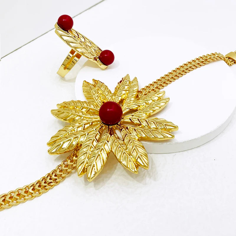 Women Jewelry Set African Nigeria Bold Jewelry 18K Gold Plated Plant Leaves Necklace Earring Bracelet Ring Imitation Pearls