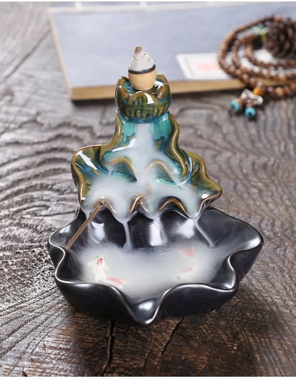 Backflow Incense Burner Aroma Diffuser Household Decoration Accessories, Zen Lotus Leaf Lotus Waterfall Backflow Incense Stand