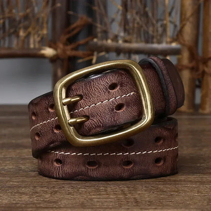 3.8cm Pure Cowskin Genuine Leather Belt Men Brass Copper Double Needle Pin Buckle Luxury Thick Retro Men's Jeans Military Belt