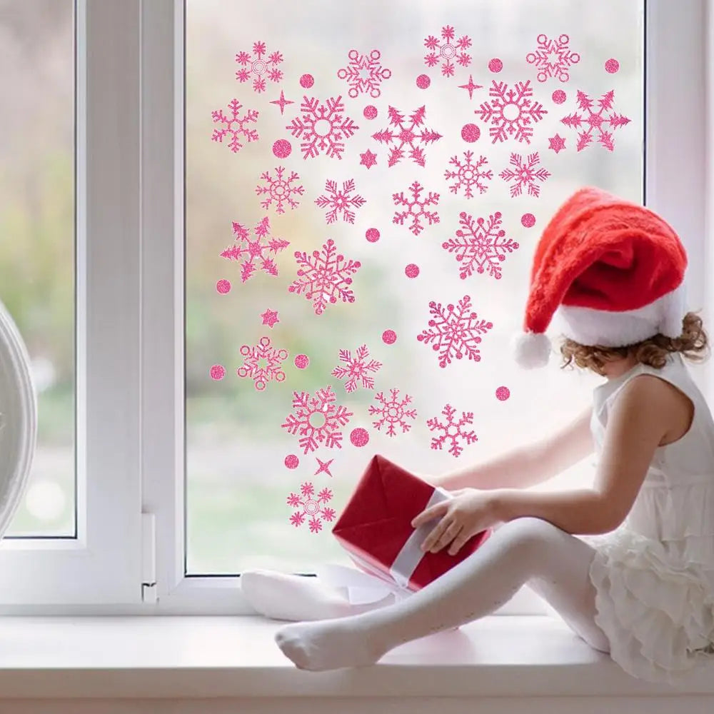 Snowflake Window Clings 3X Window Clings Christmas Pink Snowflake Reusable Decorative Window Stickers Double Side Pattern for