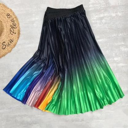 Seoulish 2024 New Elegant Gradient Stain Women's Pleated Skirts High Waist Skirts Mi-long Umbrella Skirt Spring Summer