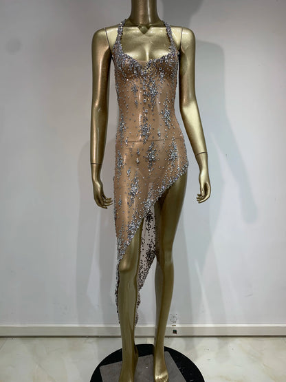 Stock Sparkly Rhinestone Evening Dress Women Celebrity Birthday Wear Sexy See Through Mesh Photo Shoot Stage performance Costume