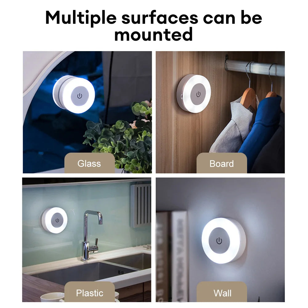 Mini LED Touch Sensor Night Lights USB Rechargeable Kitchen Bedroom Magnetic Base Wall Light Round Portable Dimming Night Lamp