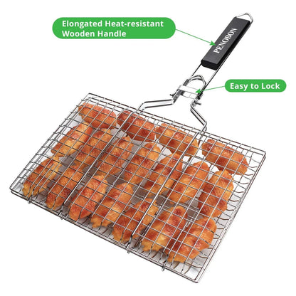 Grill fish basket, collapsible portable stainless steel grill basket with detachable handle and storage bag