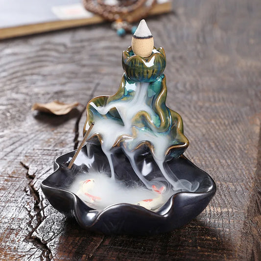 Backflow Incense Burner Aroma Diffuser Household Decoration Accessories, Zen Lotus Leaf Lotus Waterfall Backflow Incense Stand