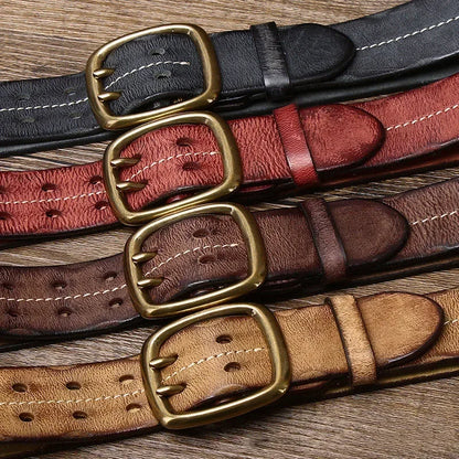 3.8cm Pure Cowskin Genuine Leather Belt Men Brass Copper Double Needle Pin Buckle Luxury Thick Retro Men's Jeans Military Belt