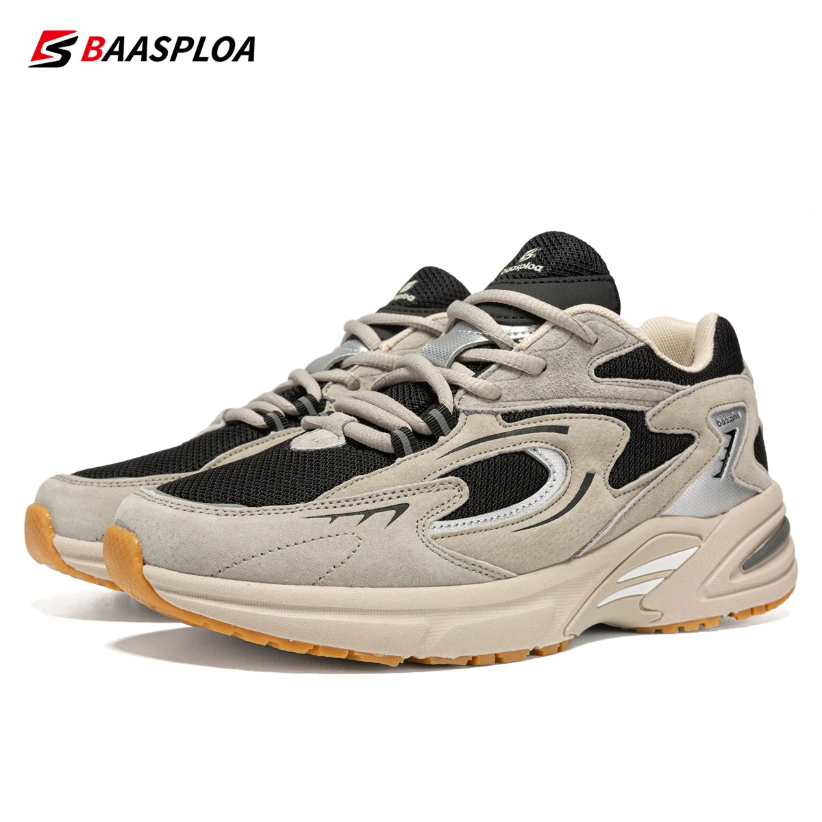 Baasploa Men's Running Shoes Leather Mesh Breathable Non-Slip Men's Outdoor Sports Lightweight Running Basketball Shoes