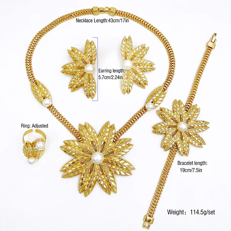 Women Jewelry Set African Nigeria Bold Jewelry 18K Gold Plated Plant Leaves Necklace Earring Bracelet Ring Imitation Pearls