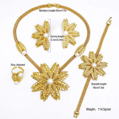 Women Jewelry Set African Nigeria Bold Jewelry 18K Gold Plated Plant Leaves Necklace Earring Bracelet Ring Imitation Pearls