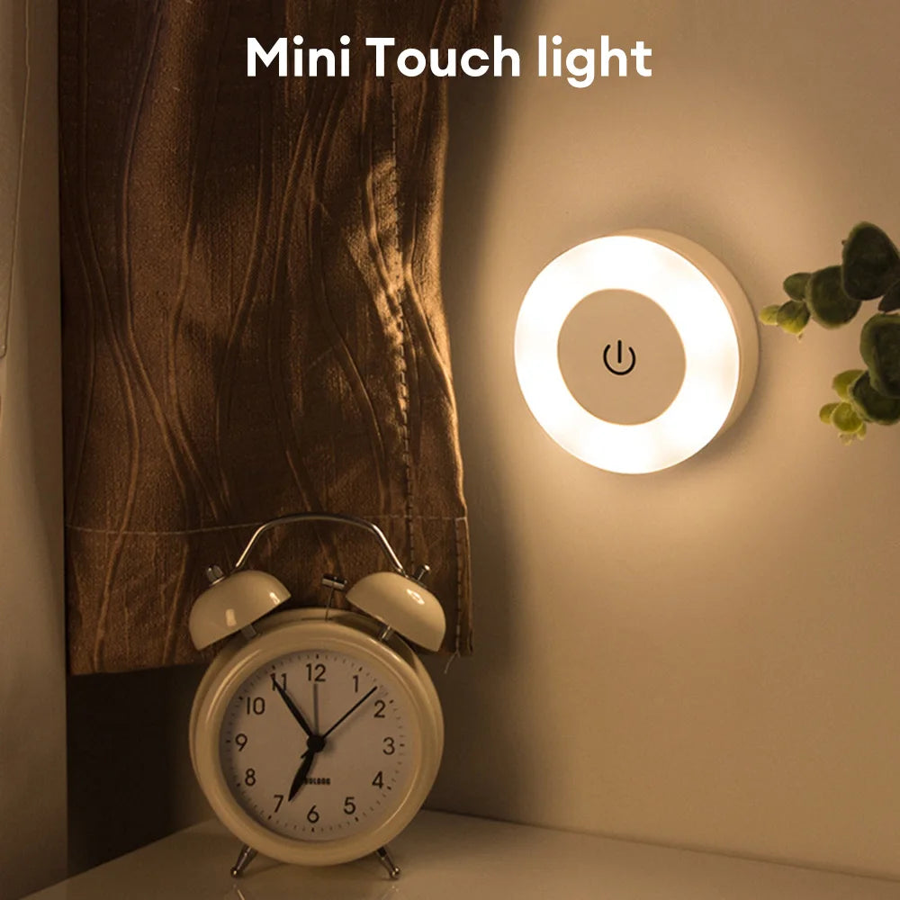 Mini LED Touch Sensor Night Lights USB Rechargeable Kitchen Bedroom Magnetic Base Wall Light Round Portable Dimming Night Lamp