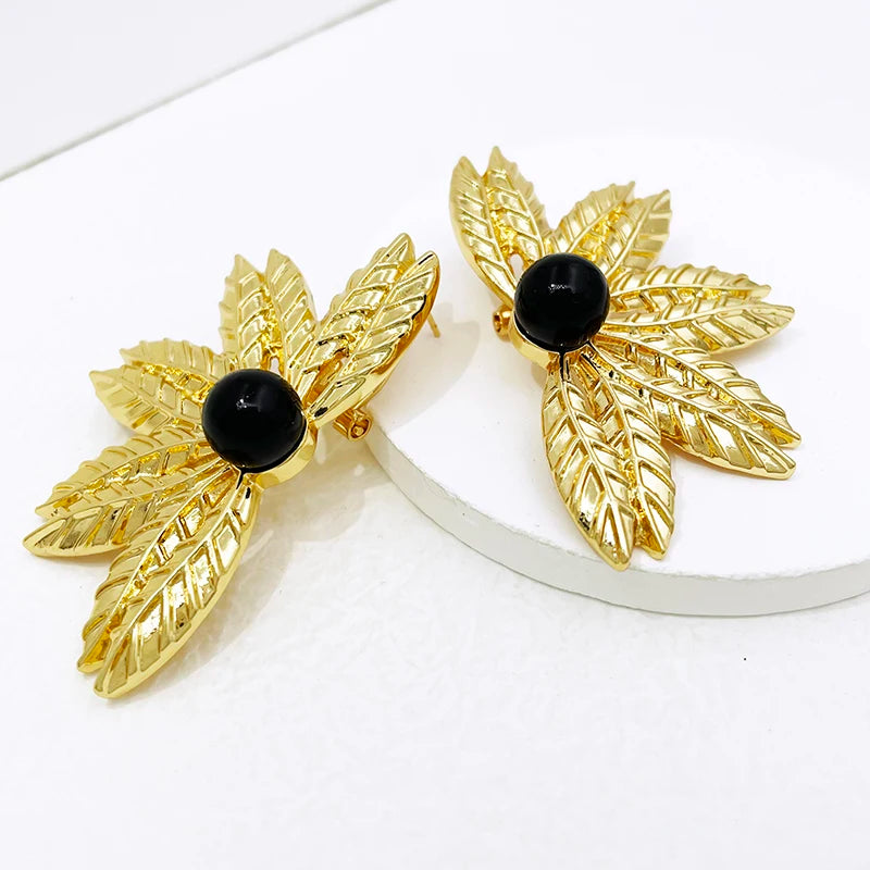 Women Jewelry Set African Nigeria Bold Jewelry 18K Gold Plated Plant Leaves Necklace Earring Bracelet Ring Imitation Pearls