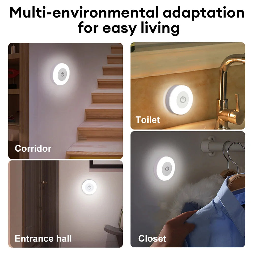 Mini LED Touch Sensor Night Lights USB Rechargeable Kitchen Bedroom Magnetic Base Wall Light Round Portable Dimming Night Lamp