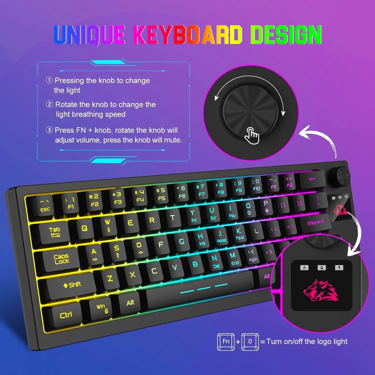 Wireless Gaming Keyboard and Mouse Combo, 12 RGB Backlit Rotary Knob, 4000mAh Battery,Mechanical Feel Keyboard and Quiet Mouse