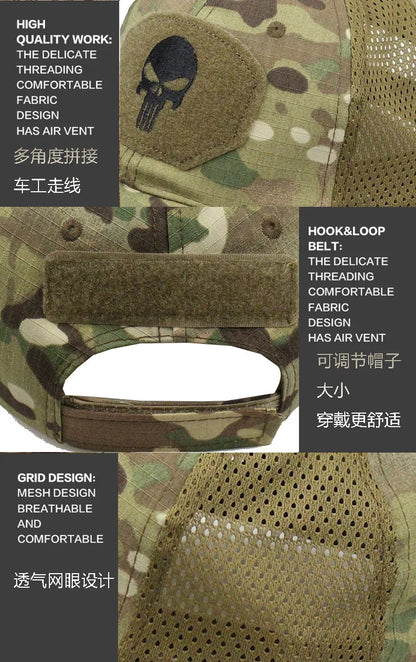 Tactical Camouflage Baseball Cap Mesh Breathable Special Forces Tactical Camo Hat Skull Duck Visor Hat