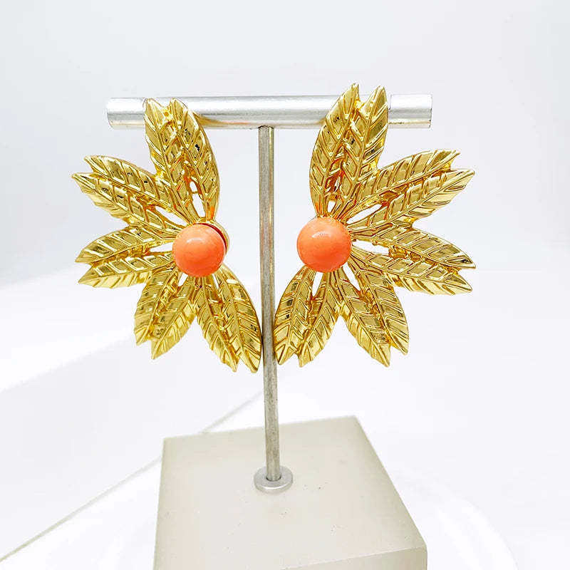 Women Jewelry Set African Nigeria Bold Jewelry 18K Gold Plated Plant Leaves Necklace Earring Bracelet Ring Imitation Pearls