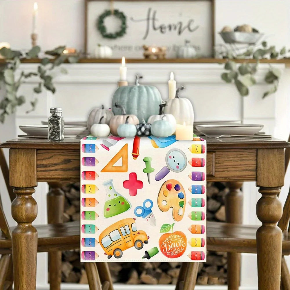 1 Piece Back-To-School Theme Table Runner with Interesting Stationery Pattern, Suitable for Classroom Decoration, School Theme Party, Back-To-School Celebration Activities